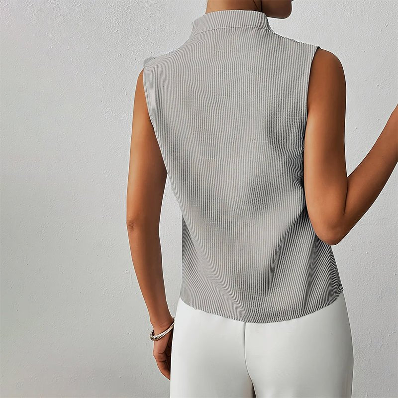 Women’s Striped Sleeveless Blouse V-Neck Stand Collar Summer Top 4