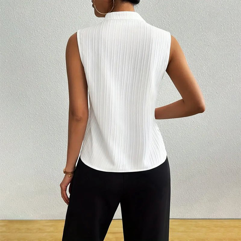 Women’s Striped Sleeveless Blouse V-Neck Stand Collar Summer Top 6