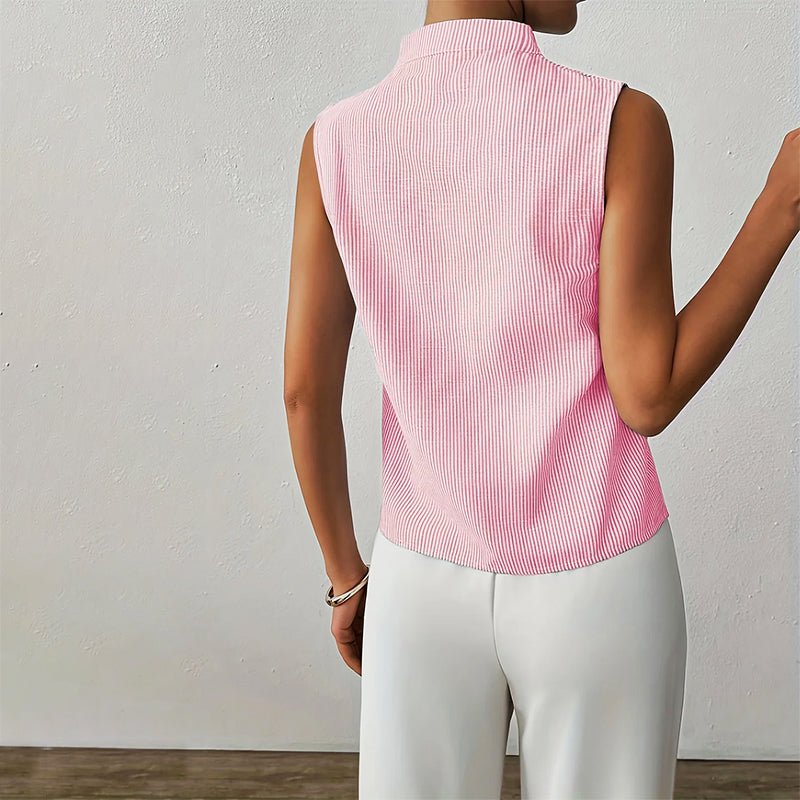 Women’s Striped Sleeveless Blouse V-Neck Stand Collar Summer Top 7