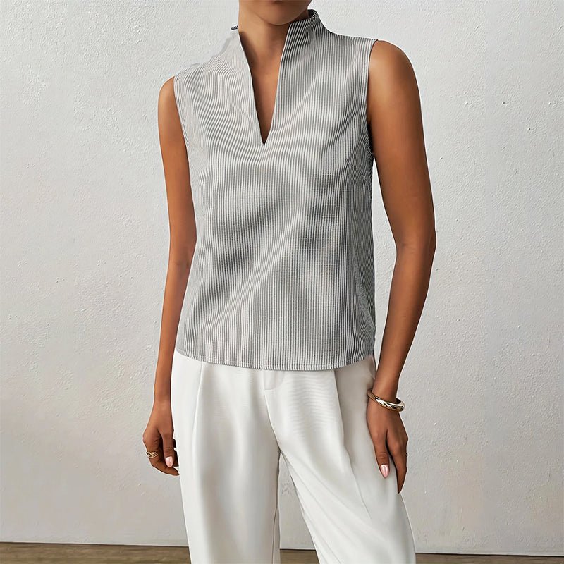 Women’s Striped Sleeveless Blouse V-Neck Stand Collar Summer Top 8