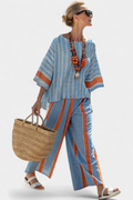 Women’s Striped Top and Linen Pants Set Relaxed Terracotta Style 0