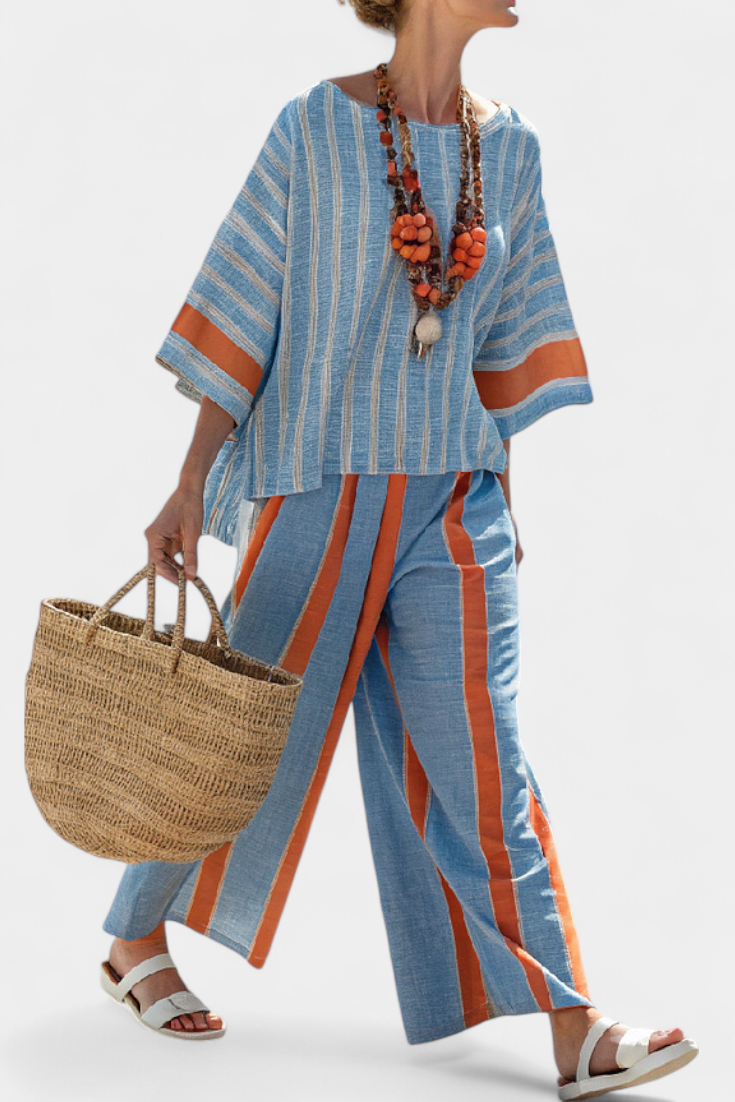Women’s Striped Top and Linen Pants Set Relaxed Terracotta Style 1