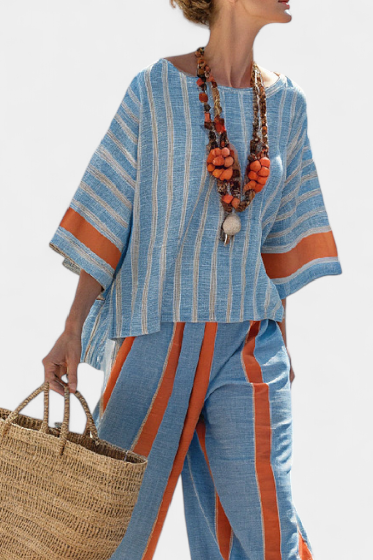Women’s Striped Top and Linen Pants Set Relaxed Terracotta Style 2