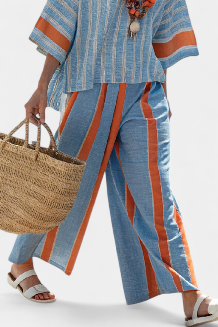 Women’s Striped Top and Linen Pants Set Relaxed Terracotta Style 3