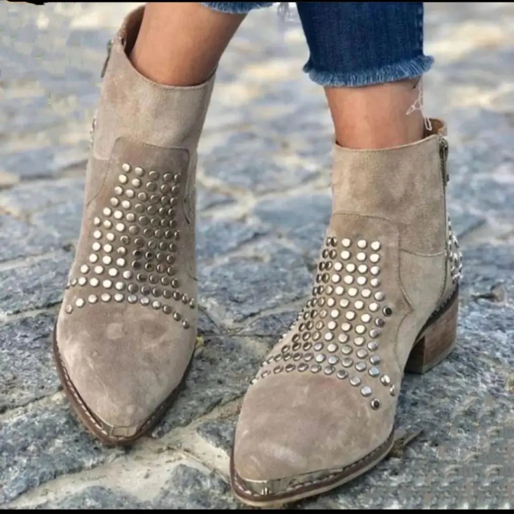 Women’s Studded Ankle Boots Pointed Toe Chunky Heel 0