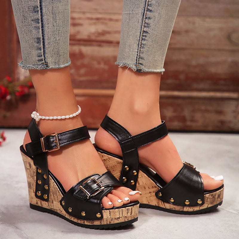 Women’s Studded Wedge Sandals Adjustable Buckle Design 1