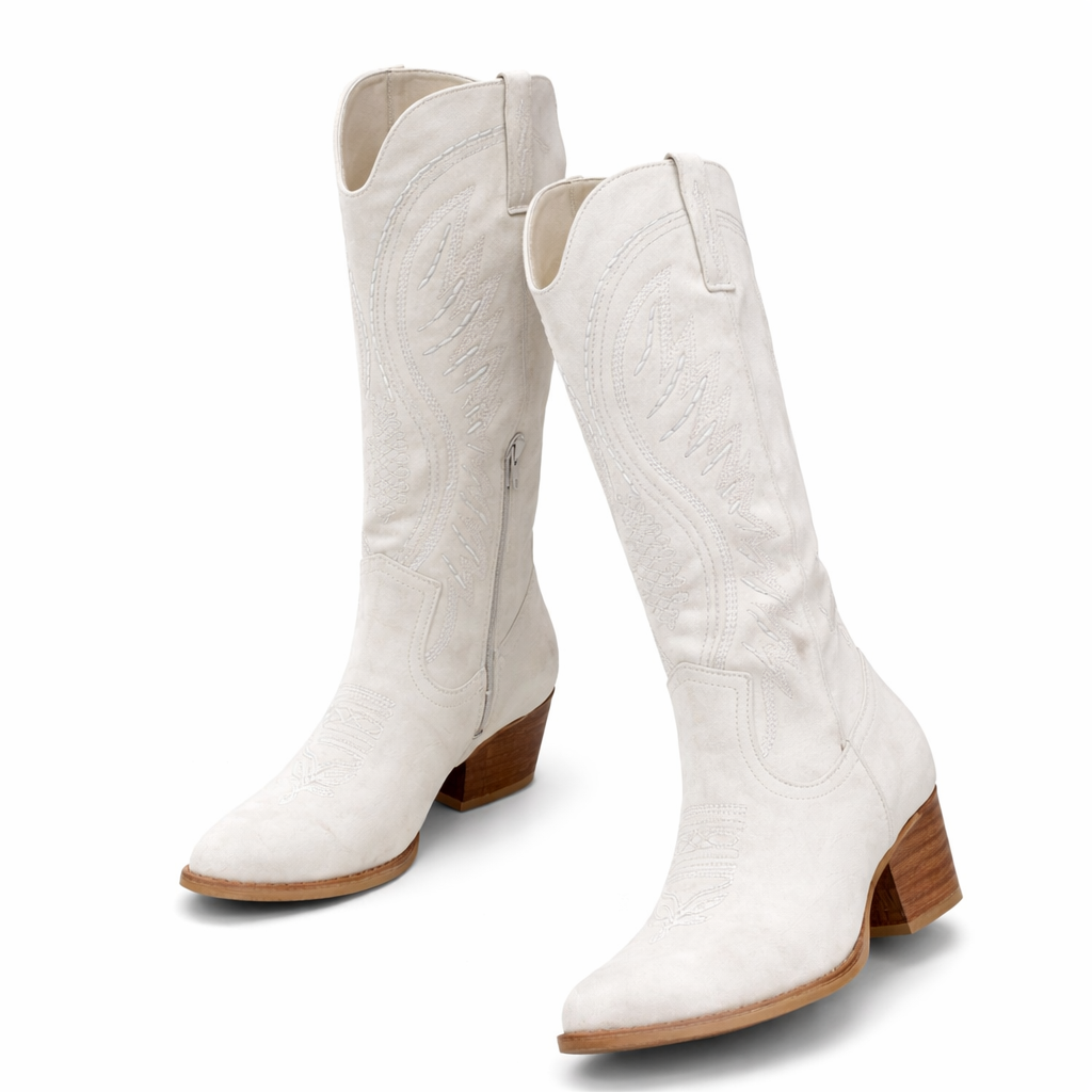 Women’s Suede Embroidered Cowboy Boots Western Block Heel Design 3