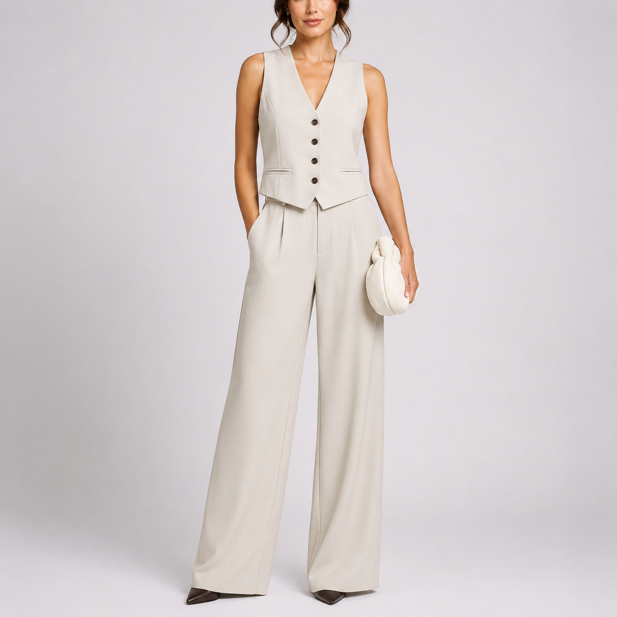 Women’s Tailored Jumpsuit Set Sleek Sleeveless Waistcoat and Wide-Leg Trousers 0