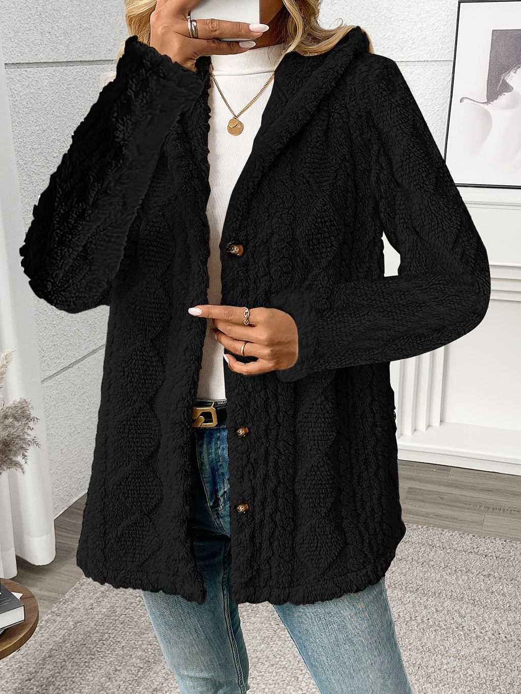Women’s Textured Button-Front Coat Relaxed Fit Classic Winter Style 2