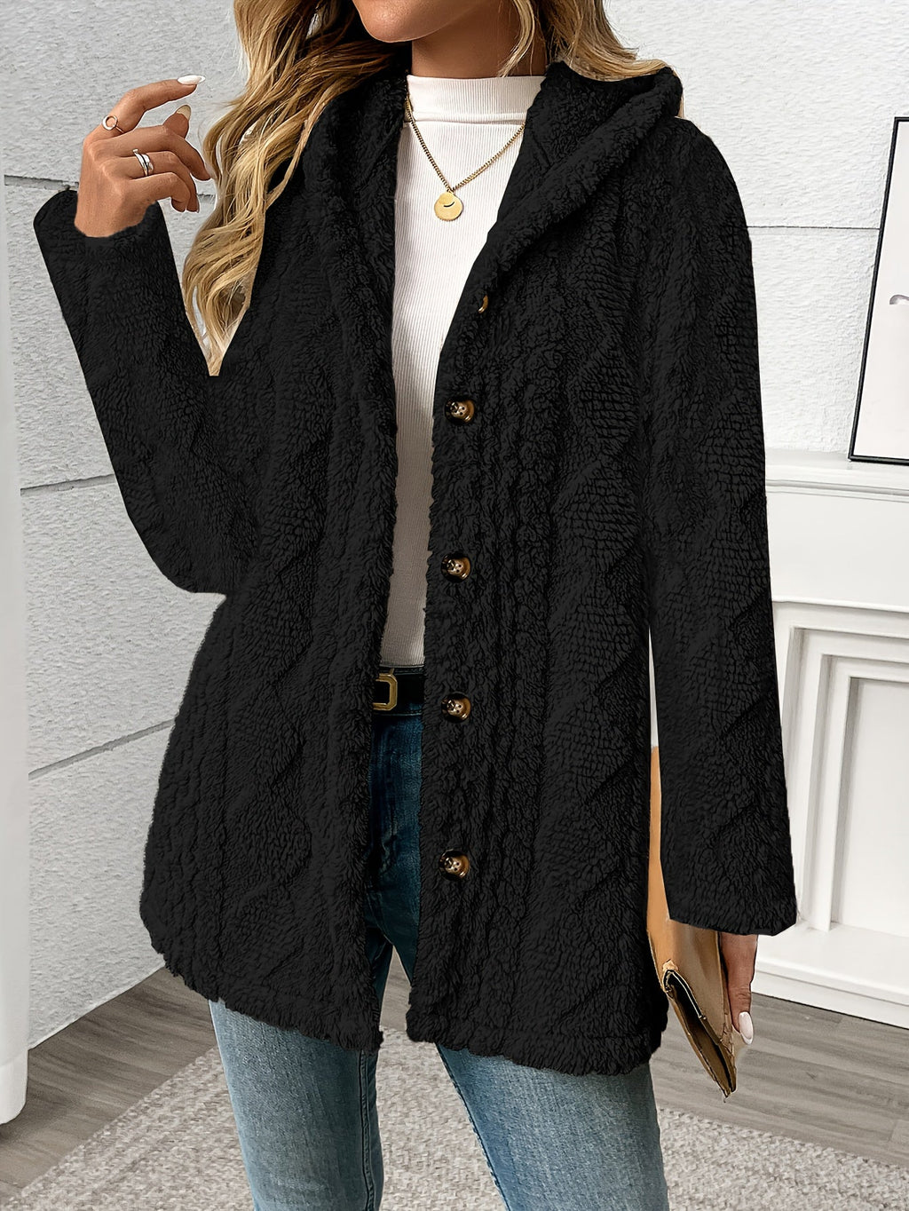 Women’s Textured Button-Front Coat Relaxed Fit Classic Winter Style 3