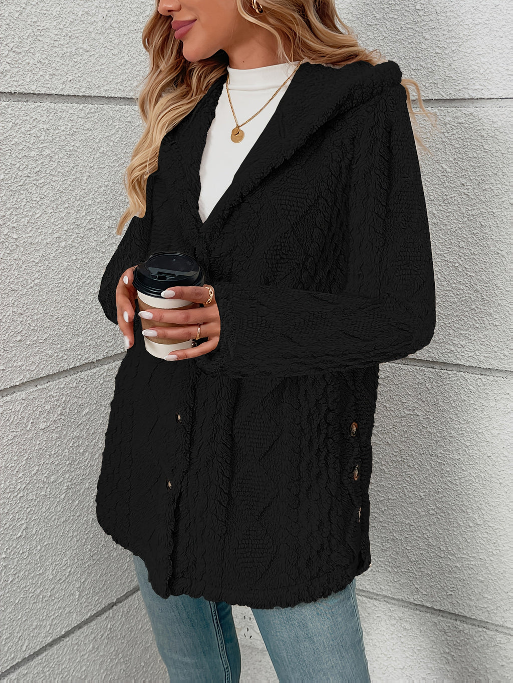 Women’s Textured Button-Front Coat Relaxed Fit Classic Winter Style 4