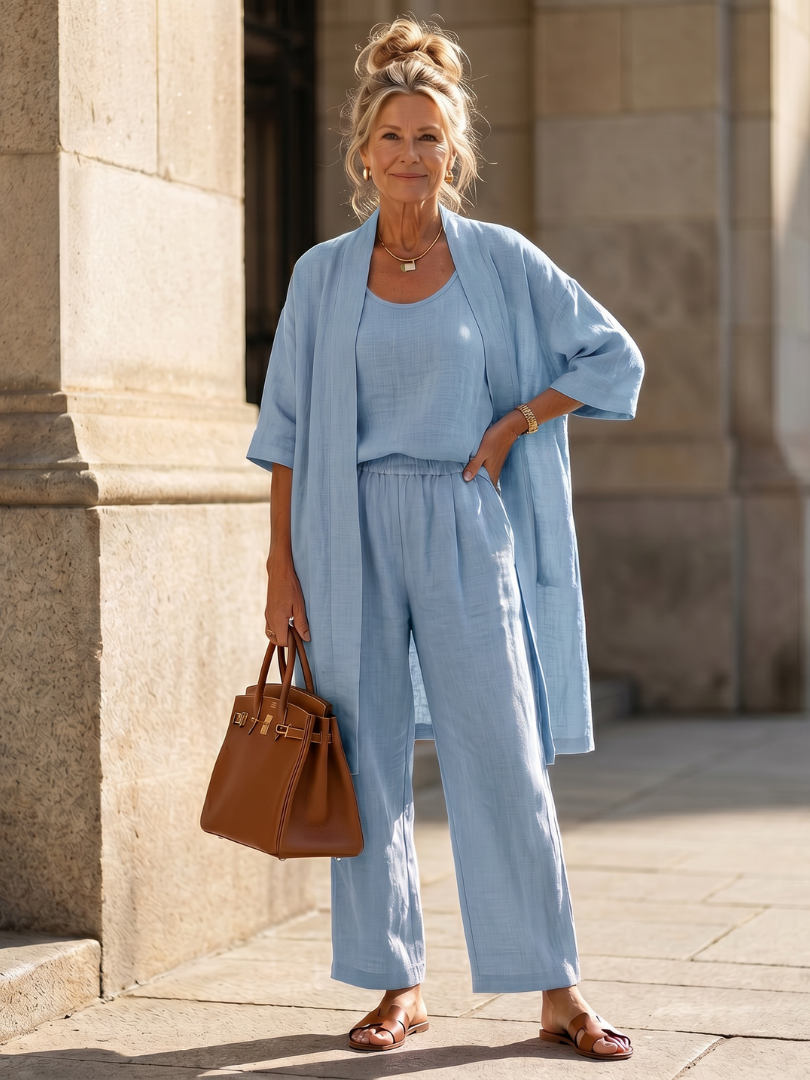 Women’s Three Piece Relaxed Top and Wide Leg Pant Set 10