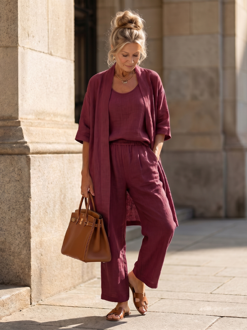 Women’s Three Piece Relaxed Top and Wide Leg Pant Set 12