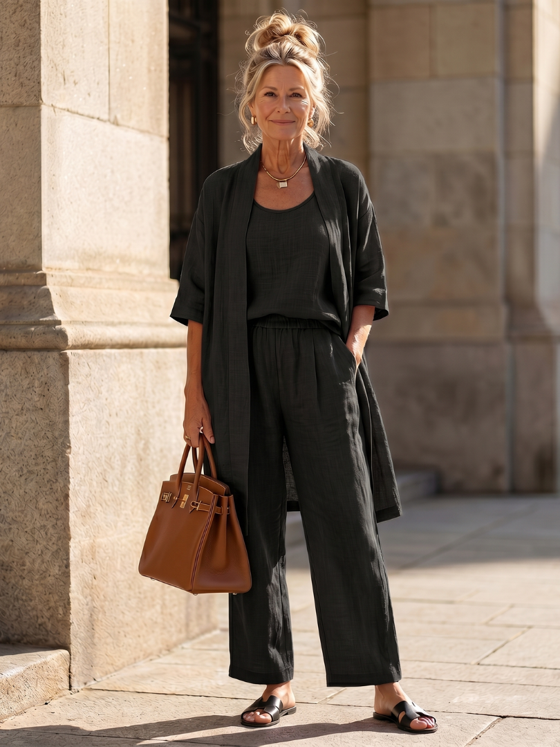 Women’s Three Piece Relaxed Top and Wide Leg Pant Set 9