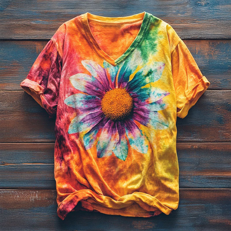 Women’s Tie-Dye Graphic Tee Relaxed Fit Floral Design 0