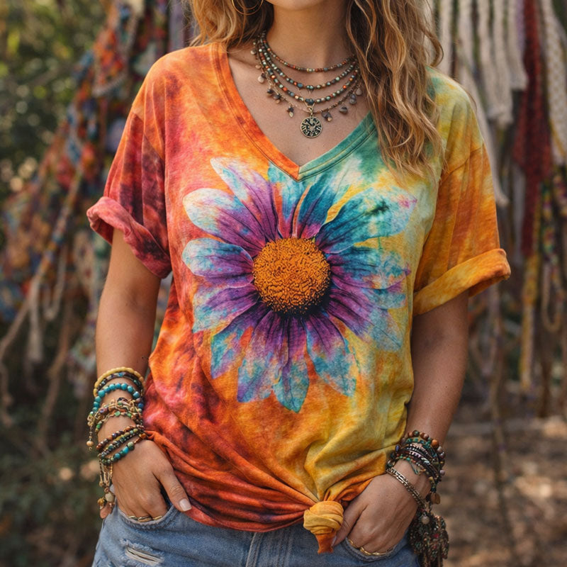 Women’s Tie-Dye Graphic Tee Relaxed Fit Floral Design 1