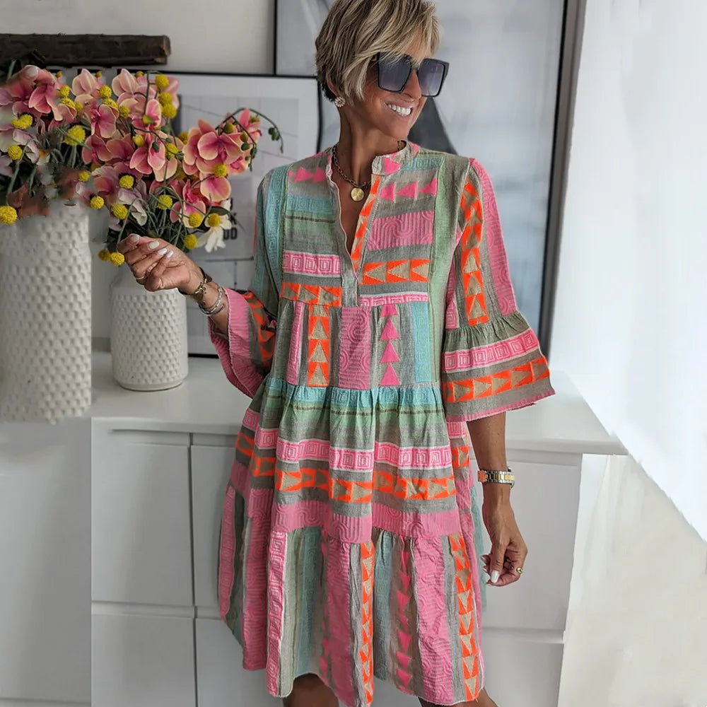 Women’s Tiered A-Line Mini Dress Flattering V-Neck Summer Style 0