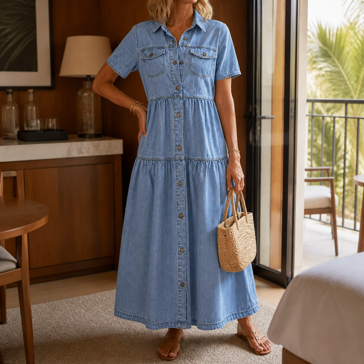 Women’s Tiered Denim Dress Ankle-Length Button Front Style 0