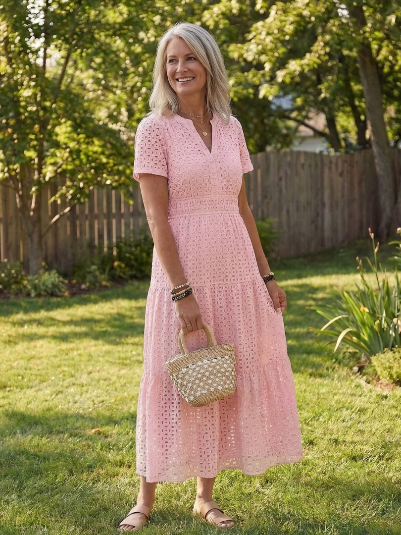 Women’s Tiered Midi Dress Short Sleeve Eyelet Design for Summer 0
