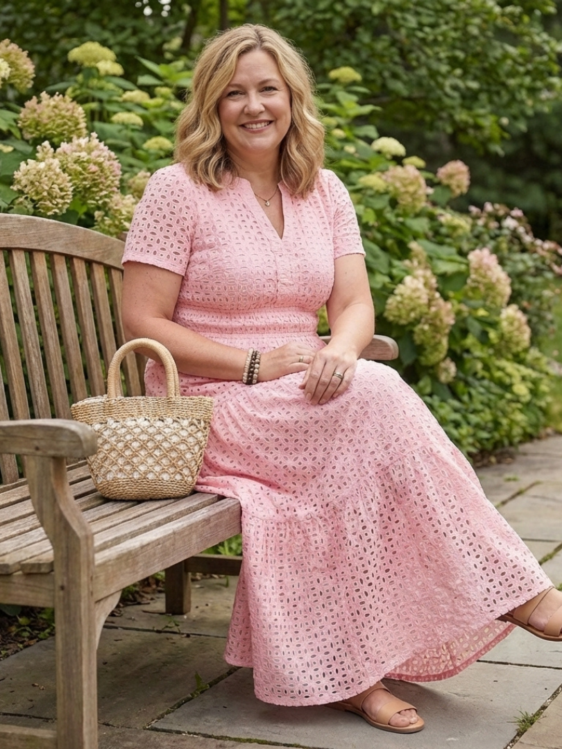 Women’s Tiered Midi Dress Short Sleeve Eyelet Design for Summer 1