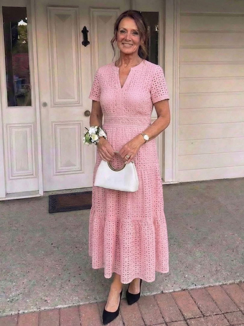 Women’s Tiered Midi Dress Short Sleeve Eyelet Design for Summer 2