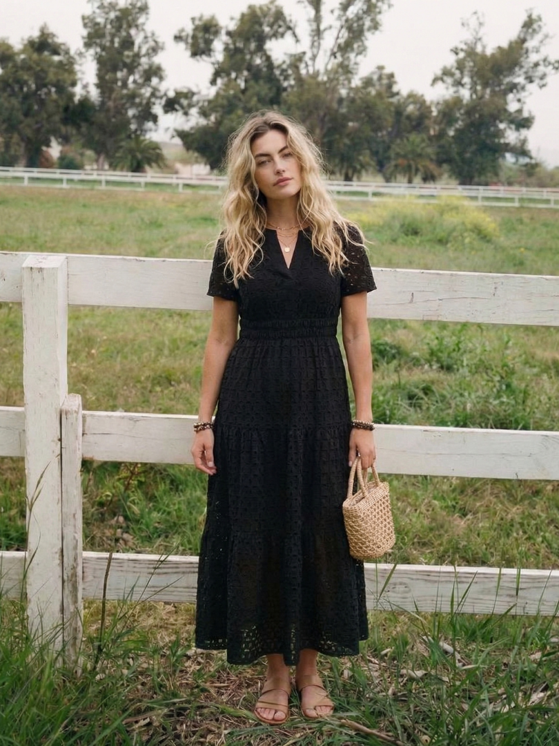 Women’s Tiered Midi Dress Short Sleeve Eyelet Design for Summer 6