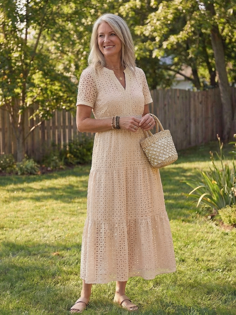 Women’s Tiered Midi Dress Short Sleeve Eyelet Design for Summer 7
