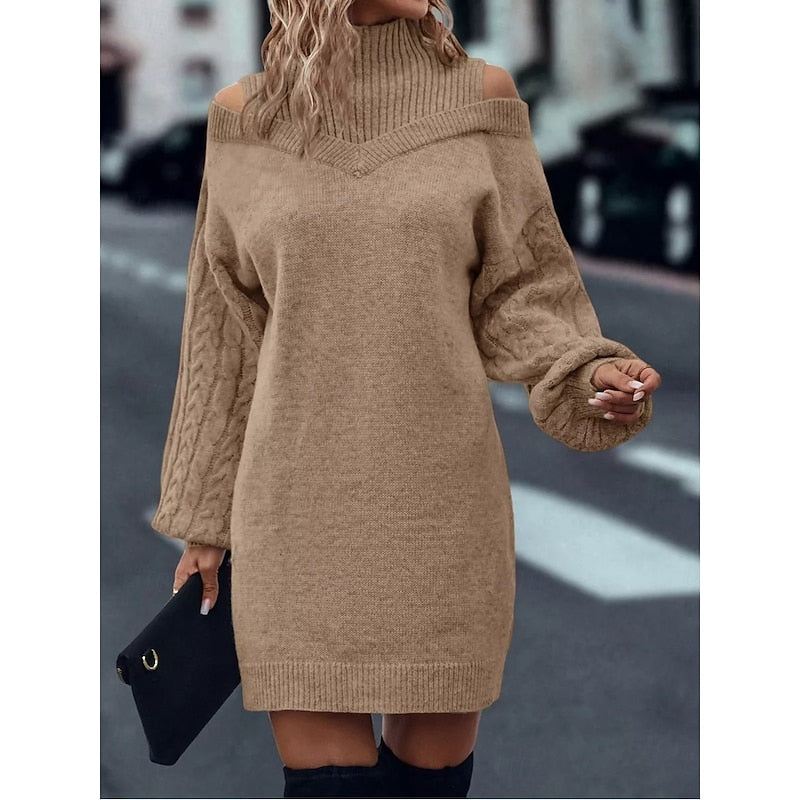 Women’s Turtleneck Sweater Dress with Cold-Shoulder Detail 0