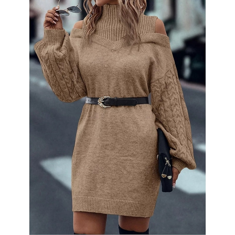Women’s Turtleneck Sweater Dress with Cold-Shoulder Detail 1