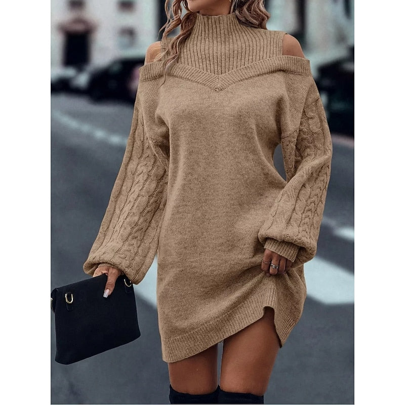 Women’s Turtleneck Sweater Dress with Cold-Shoulder Detail 2
