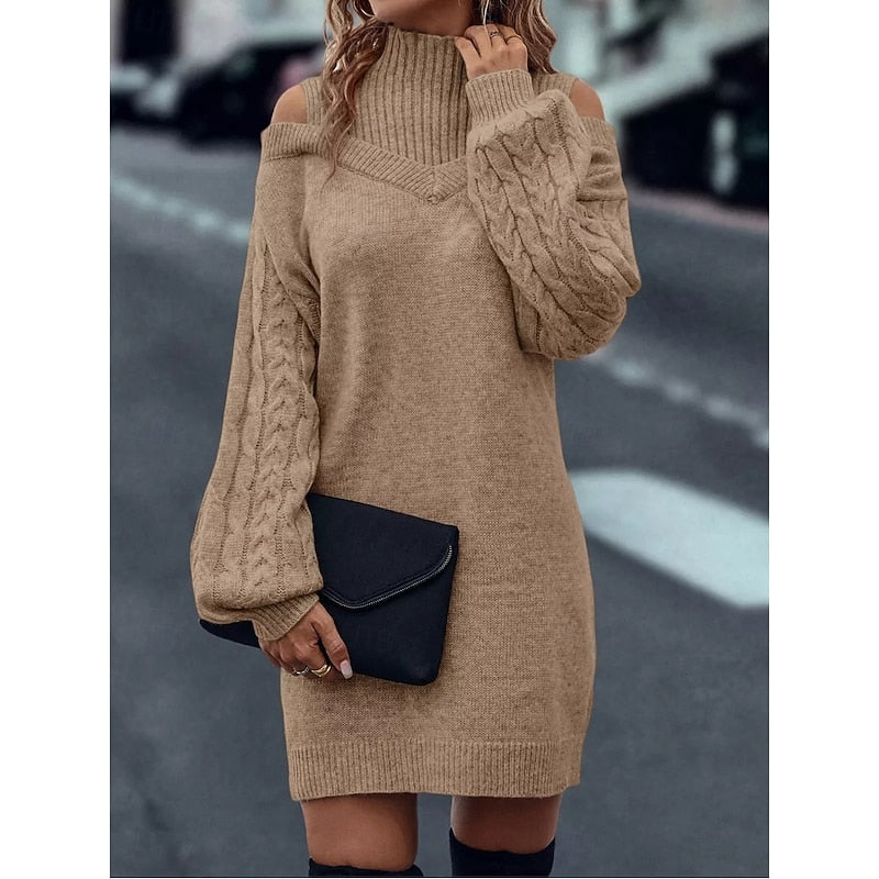 Women’s Turtleneck Sweater Dress with Cold-Shoulder Detail 3
