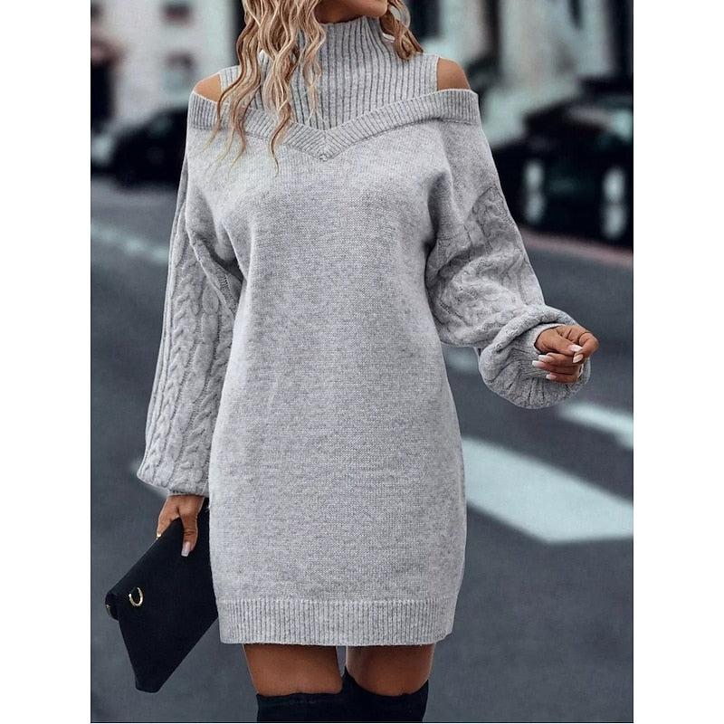 Women’s Turtleneck Sweater Dress with Cold-Shoulder Detail 8