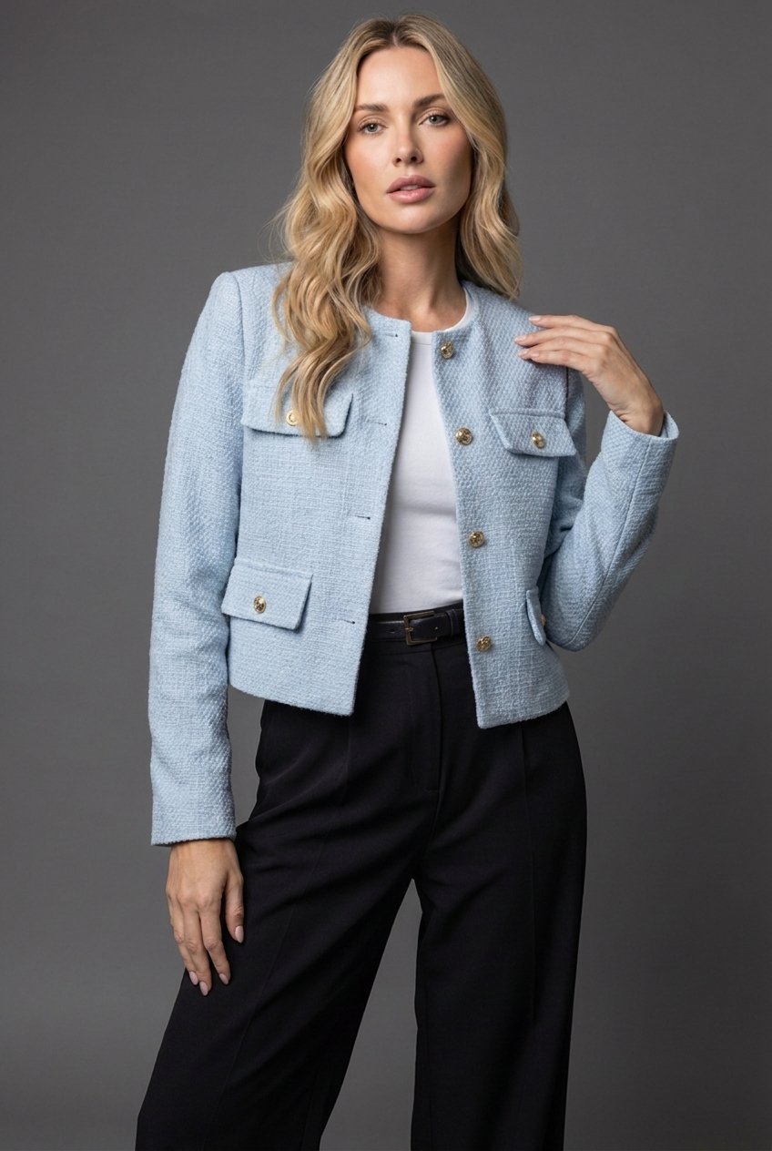 Women’s Tweed Cropped Blazer Elegant Gold Button Detail 0