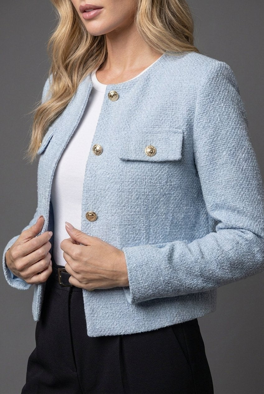 Women’s Tweed Cropped Blazer Elegant Gold Button Detail 2