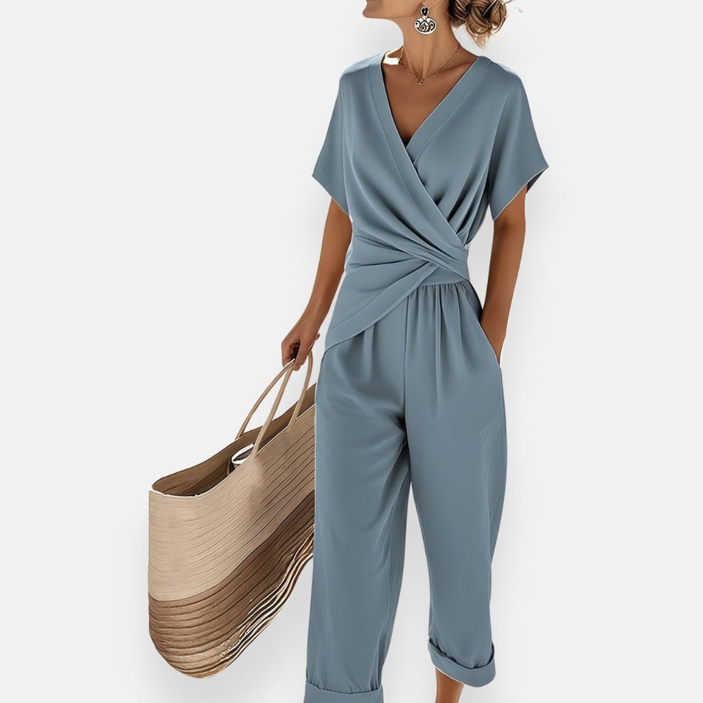 Women’s Two-Piece Set Draped Bow Top Wide-Leg Pants 0