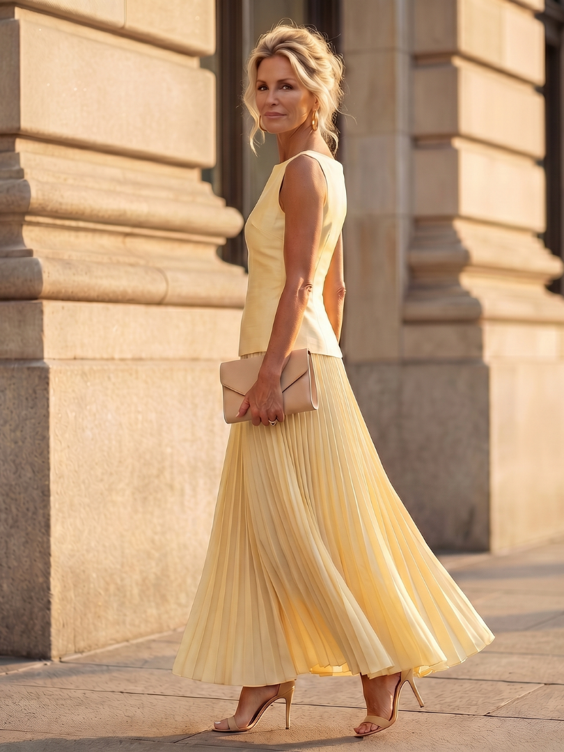 Women’s Two-Piece Set Structured Bodice with Pleated Full-Length Skirt 1