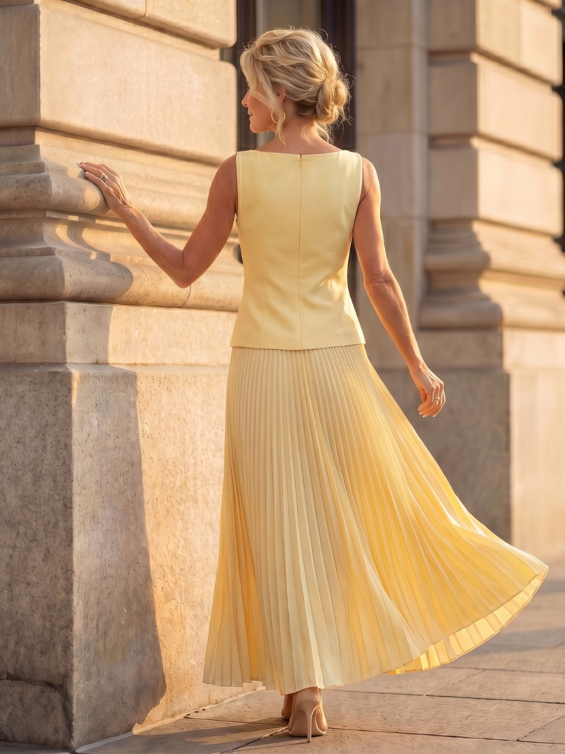 Women’s Two-Piece Set Structured Bodice with Pleated Full-Length Skirt 3