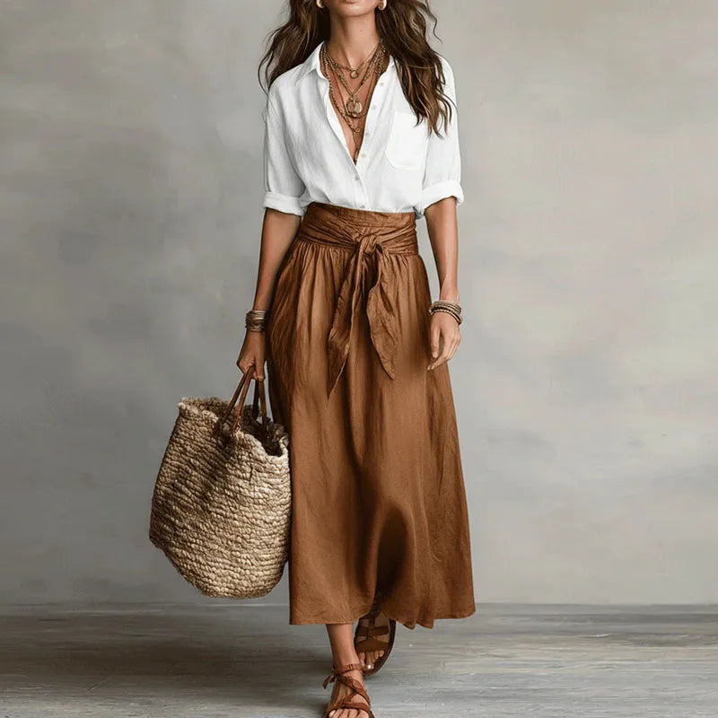 Women’s Two-Piece Skirt and Top Set with Button-Front Blouse and Tie Waist 0