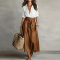 Women’s Two-Piece Skirt and Top Set with Button-Front Blouse and Tie Waist 0