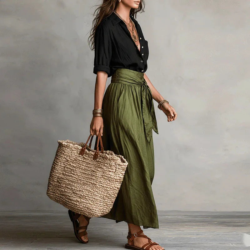 Women’s Two-Piece Skirt and Top Set with Button-Front Blouse and Tie Waist 4