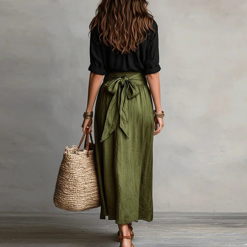 Women’s Two-Piece Skirt and Top Set with Button-Front Blouse and Tie Waist 5