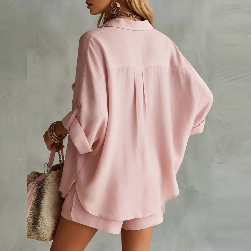 Women’s Two Piece Linen Set Relaxed Button Down Shirt and Shorts 1