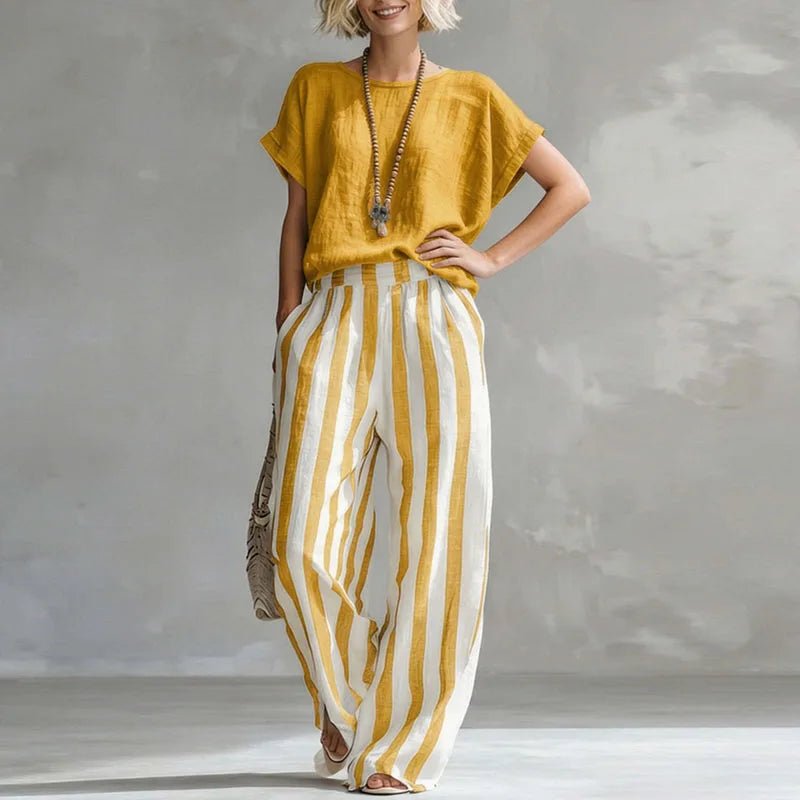 Women’s Two Piece Linen Set Relaxed Wide Leg Pants and Short Sleeve Top 0