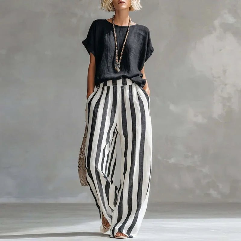 Women’s Two Piece Linen Set Relaxed Wide Leg Pants and Short Sleeve Top 1