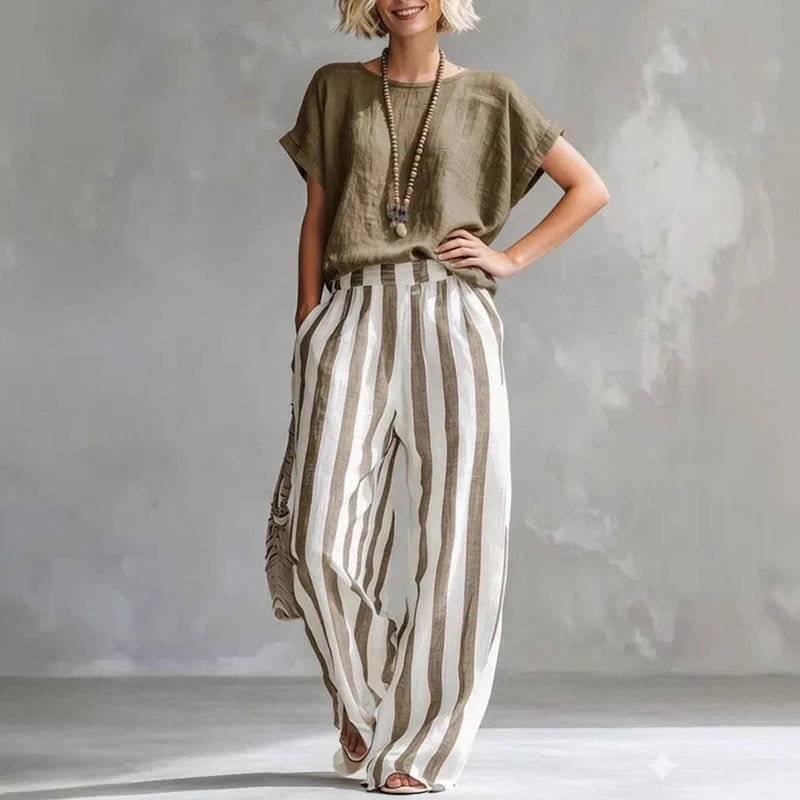Women’s Two Piece Linen Set Relaxed Wide Leg Pants and Short Sleeve Top 2