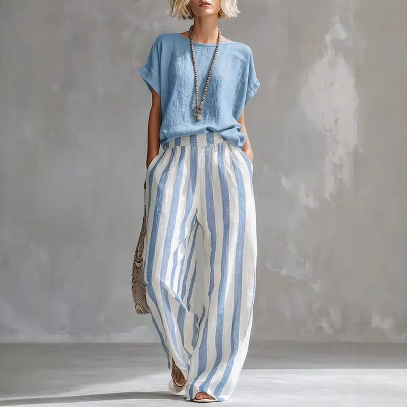 Women’s Two Piece Linen Set Relaxed Wide Leg Pants and Short Sleeve Top 3