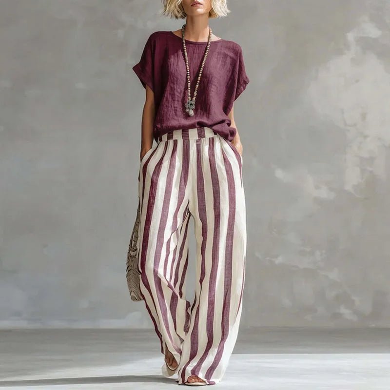 Women’s Two Piece Linen Set Relaxed Wide Leg Pants and Short Sleeve Top 4