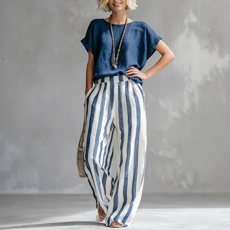 Women’s Two Piece Linen Set Relaxed Wide Leg Pants and Short Sleeve Top 6