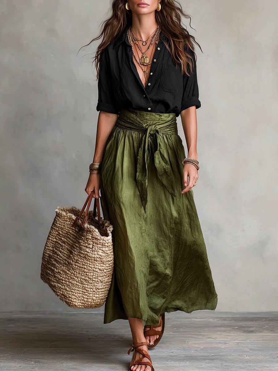 Women’s Two Piece Set Button Down Shirt High Waist Midi Skirt 0