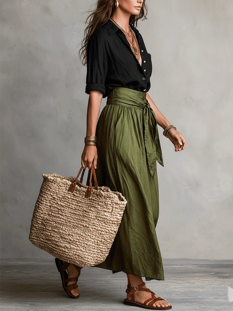 Women’s Two Piece Set Button Down Shirt High Waist Midi Skirt 1